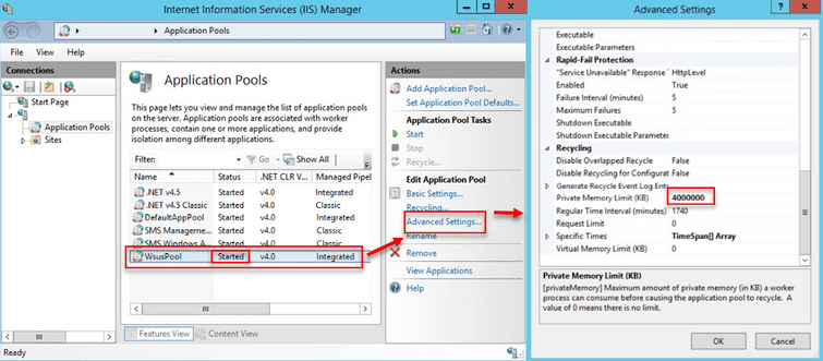 Start  WsusPool and increase Private Memory Limit