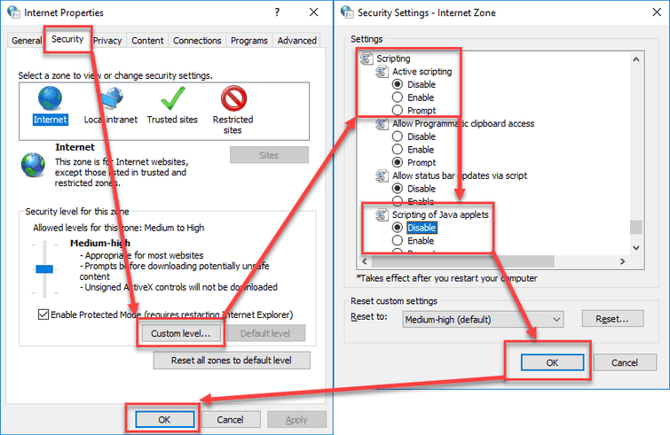 Disable Active Scripting and Scripting of Java applets