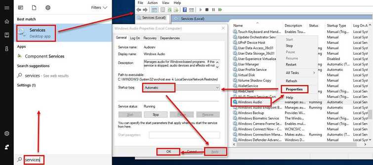 Set Windows Audio service to Automatic