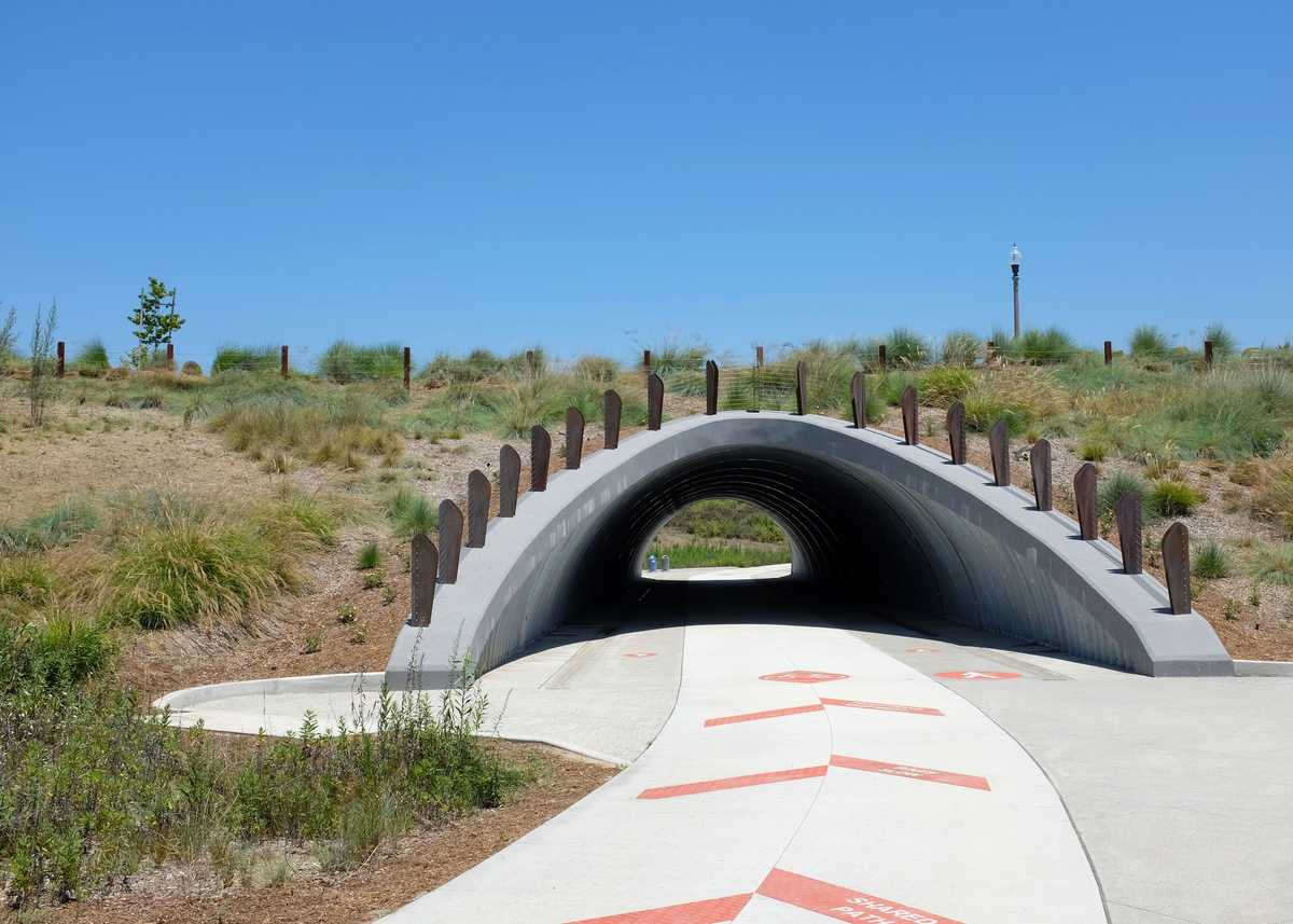 IRIVNE, CALIFORNIA - JULY 11, 2019: Benchmark Underpass in the Bosque Area of the Great Park open space trail system.