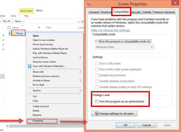 Set iTunes to run as Administrator