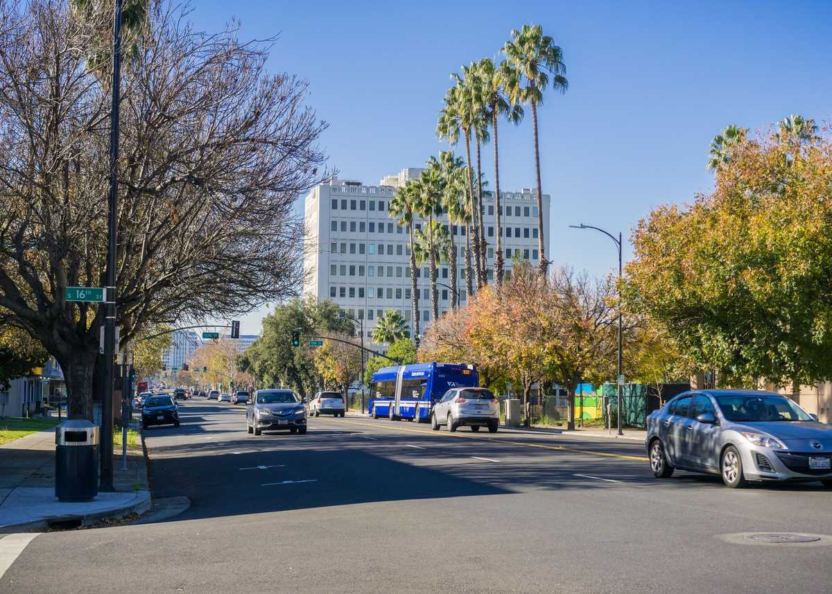 December 6, 2017 San Jose / CA / USA - Light traffic on a street in downtown San Jose, California