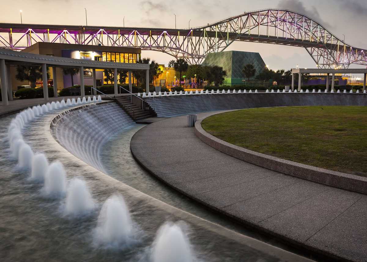 Colored Lights on the Corpus Christi Harbor Bridge from the Water Gardens at Bayfront Science Park