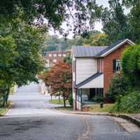 Street and houses in the Old Salem Historic District, in Winston-Salem, North Carolina.