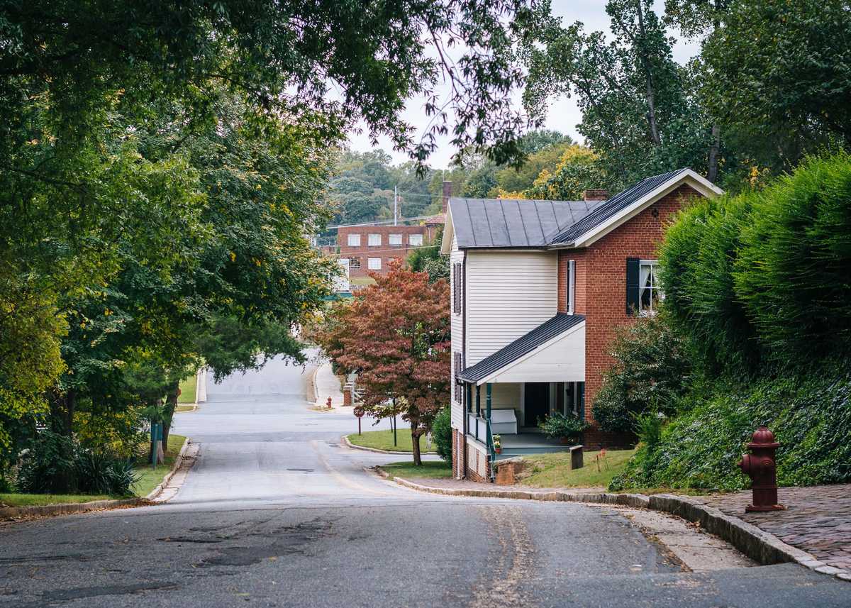 Street and houses in the Old Salem Historic District, in Winston-Salem, North Carolina.