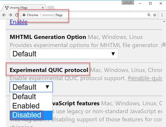 Disable Experimental QUIC protocol