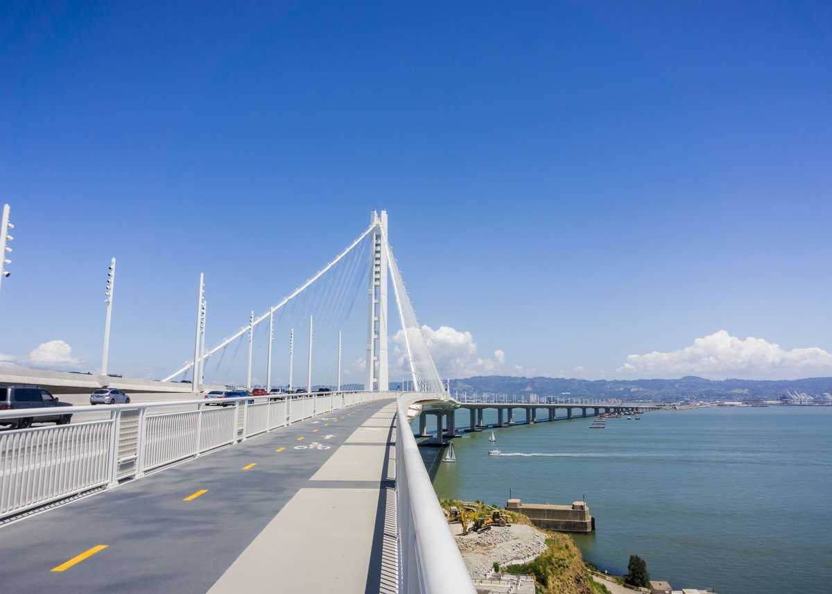 Walking on the new bay bridge trail going from Oakland to Yerba Buena Island, San Francisco bay, California