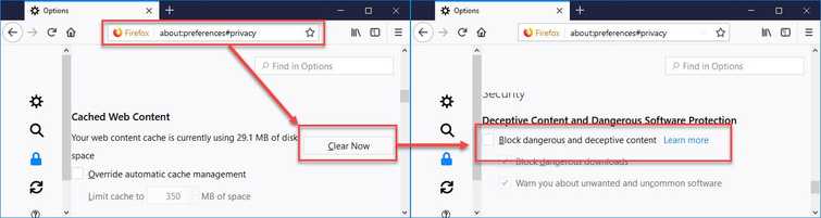 Clear cache and disable Deceptive Content and Dangerous Software Protection
