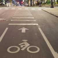 Night shot of a bike lane on a main street in downtown Raleigh, North Carolina