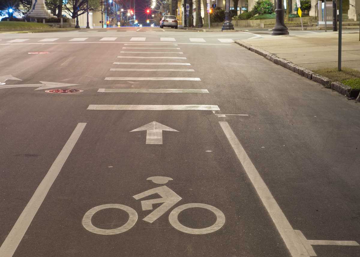 Night shot of a bike lane on a main street in downtown Raleigh, North Carolina