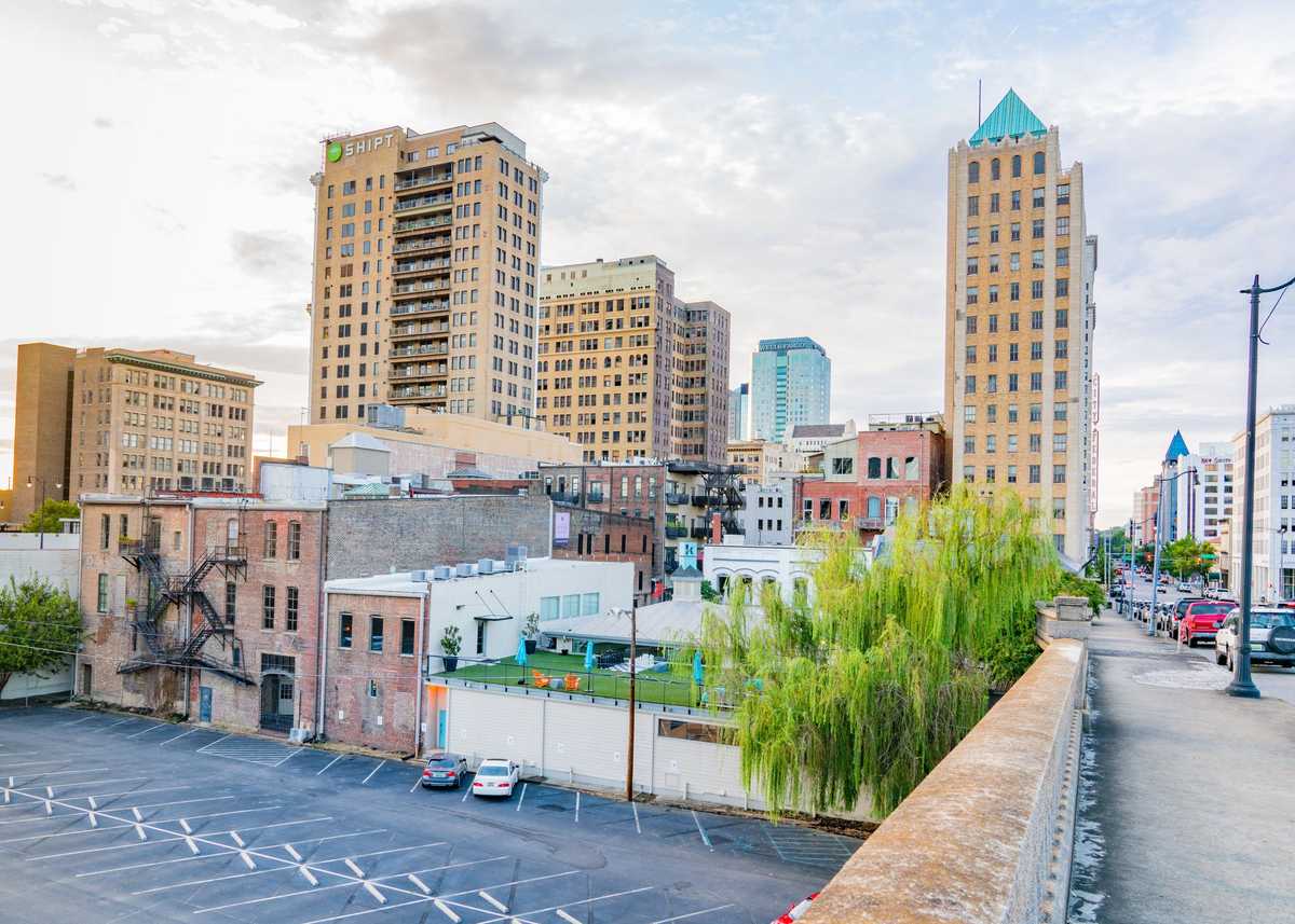 Birmingham, AL - October 7, 2019: City skyline of Birmingham from Richard Arrington Blvd Bridge