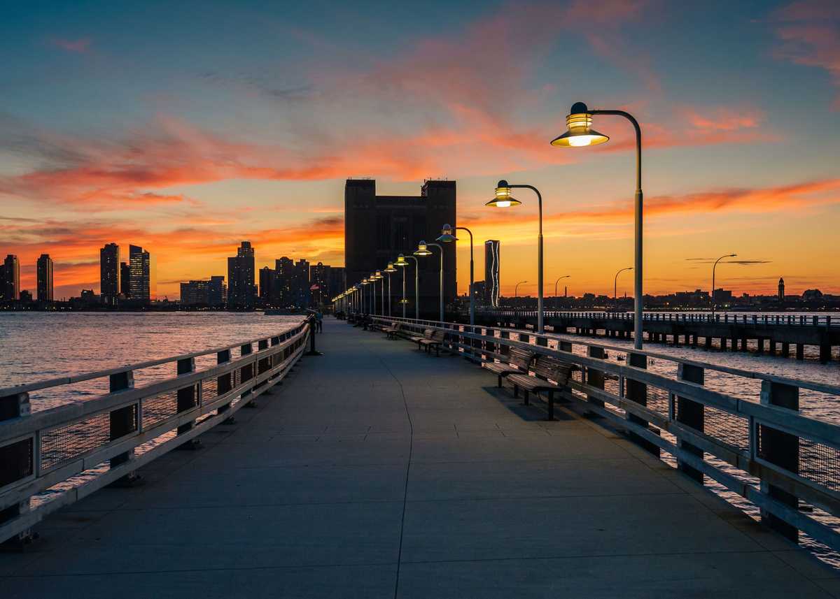 Sunset over Pier 34 and Jersey City, in Manhattan, New York City