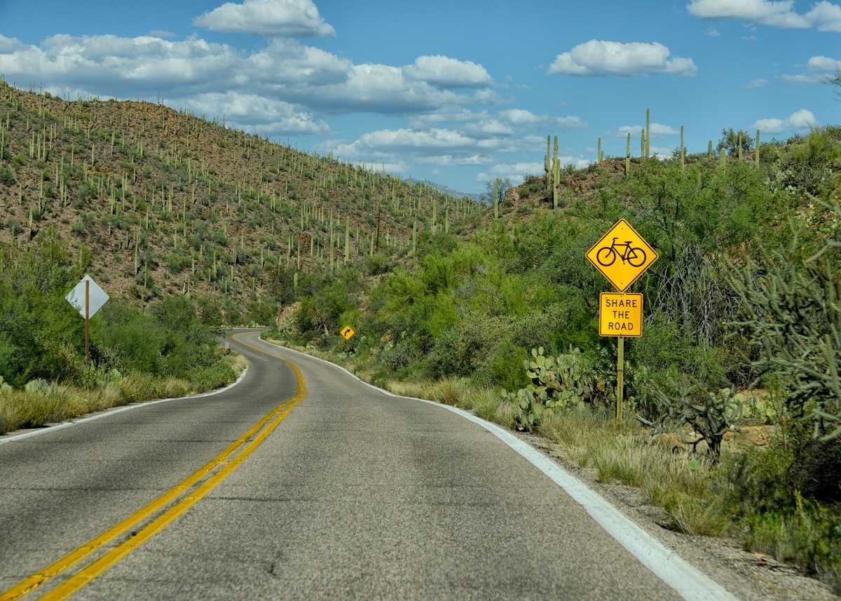 share the road with bicycles sign on empty road in arizona