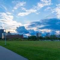 Detroit, MI - September 7, 2019: Detroit Riverfront bike path leading to the heart of downtown