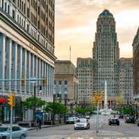 BUFFALO, NY - MAY 15, 2018: Looking down Court Street towards the Buffalo City Building and McKinley Monument in downtown Buffalo, New York