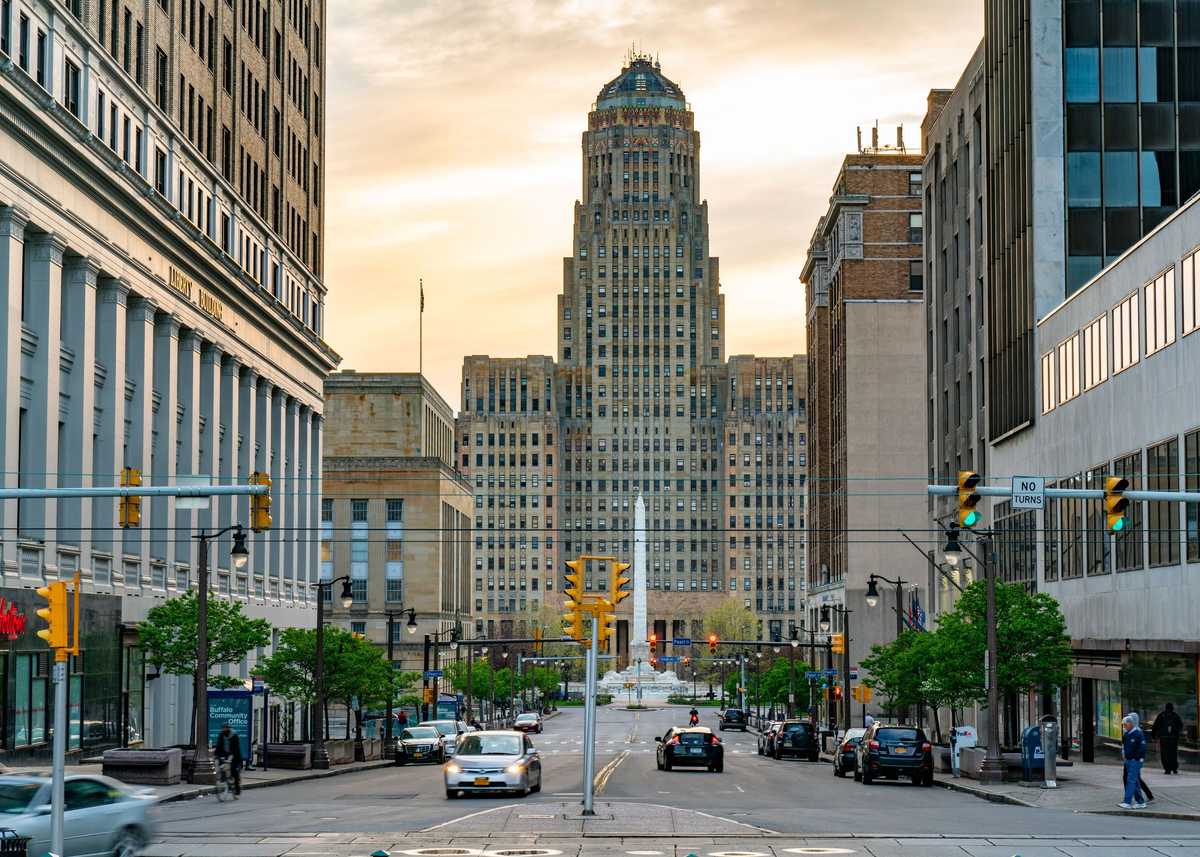 BUFFALO, NY - MAY 15, 2018: Looking down Court Street towards the Buffalo City Building and McKinley Monument in downtown Buffalo, New York