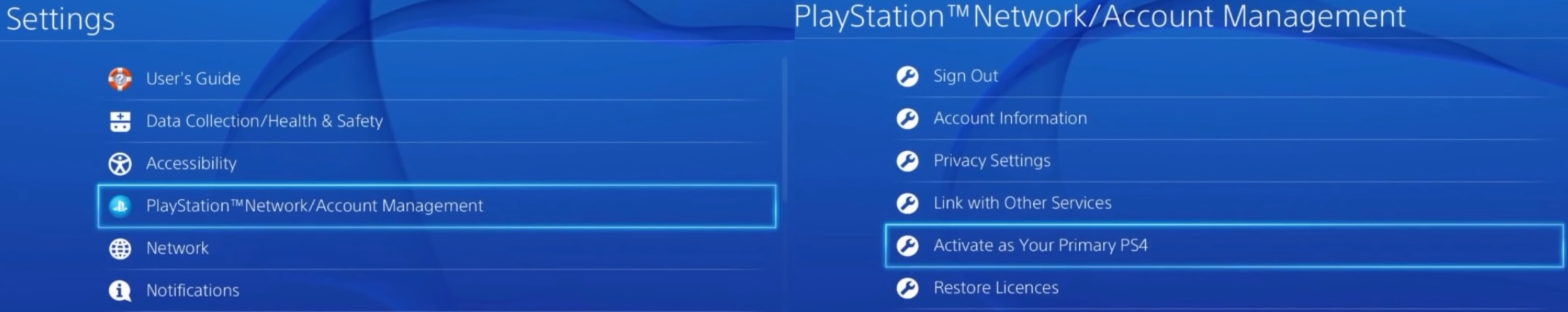 how to set account as primary on ps4